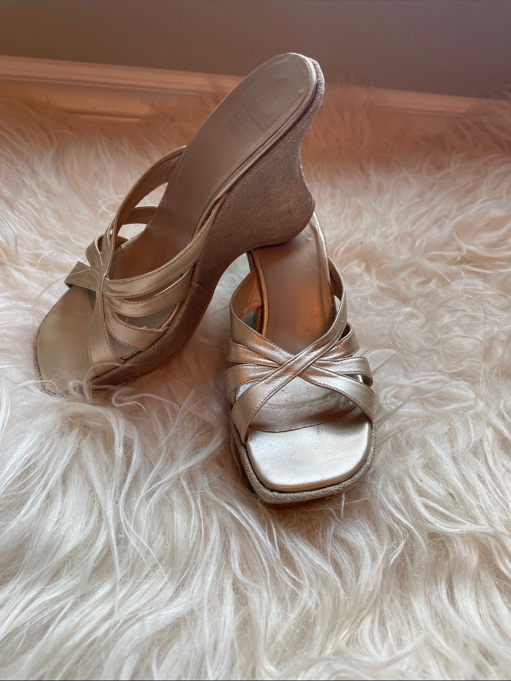Stuart Weitzman Soft Metallic Gold Crisscross Wedge Sandals